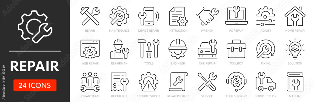 Fixline Icon Repair line icon set. Editable Stroke. Maintenance, wrench, fixing ...