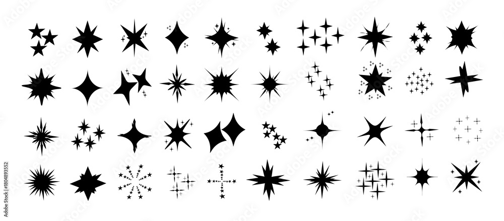 Set of retro stars. Star of various shapes on white background. Shining stars icon. Y2k style. Vector illustration.