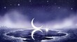 © Natalya - A thin crescent moon reflects in an icy puddle, with a tiny spark of sunlight nearby, for winter themes, spiritual guidance blogs, seasonal graphics, and calendar designs., with copy space
