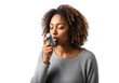 © shahida  - Young african american woman using an inhaler for respiratory relief with her eyes closed isolated on transparent background
