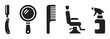© BraveSpirit - Professional barbershop and hairdresser tool icon set with a straight razor, hand mirror, hair comb, salon chair, and spray bottle presented as simple black glyphs