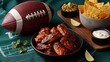 © mikhailberkut - Game day food spread with barbecue chicken wings and an american football. Tailgate party snacks with chips, guacamole, and dip for watching sports