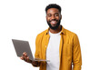 © sujon1638 - Smiling african american man holding a modern silver laptop computer with a white t shirt and orange shirt isolated on transparent background