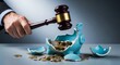 © ANDREY PROFOTO - Gavel hitting broken piggy bank with spilled coins, symbolizing