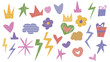 © alexdndz - Collage scrapbook stickers graphic elements set. Collection of bright playful cut-out paper shapes, crowns, hearts, flowers, gift box, lightning, cloud, star, more doodle pieces. Vector illustration.