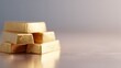© nanskyblack - 117. stack of gold bars on a reflective surface, luxury tone, professional tone, soft afternoon glow, ample space for text on the right, brand-safe, no logos