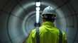 © Alex Pios - An engineer in a reflective vest, standing in the middle of a tunnel. Focused and determined, ready to handle challenges and construct the perfect tunnel.