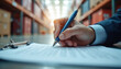 © Pete - Close-up of person signing contract in warehouse. Hand holding pen over document. Rows of shelves with boxes create background. Business logistics, import export, and supply chain management.