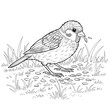 © Msj - A detailed black and white illustration of a sparrow pecking at seeds on the grassy ground