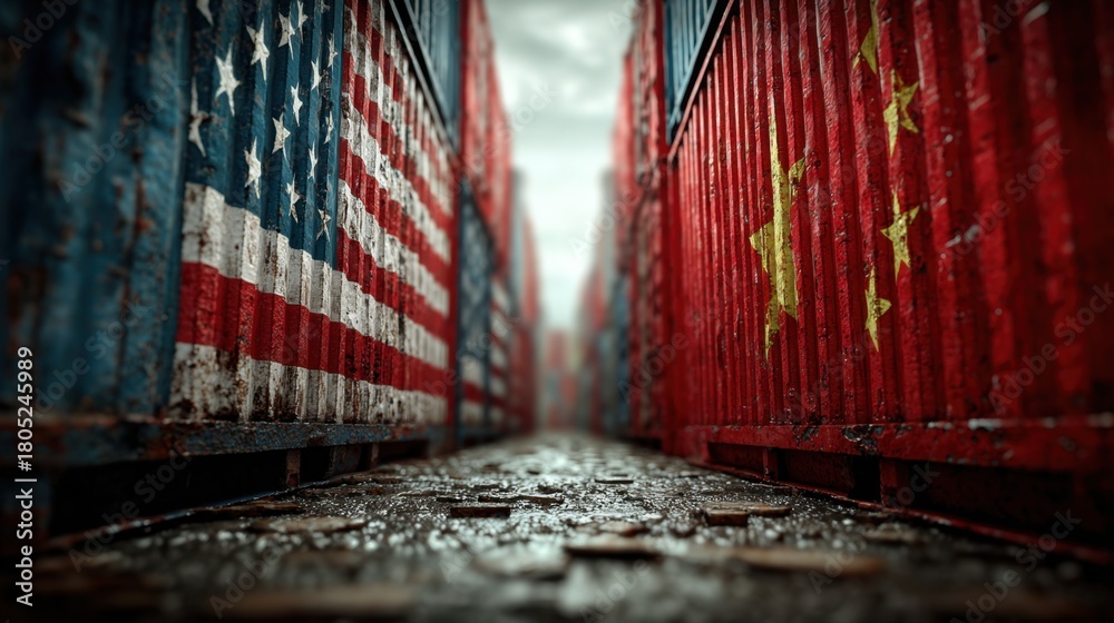 Us and china trade war concept with damaged shipping containers ...