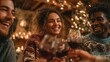 © shoaib - Group of young people smiling happily, celebrating Christmas and toasting with wine at home