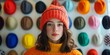 © Irina Ukrainets - A young woman poses against a colorful wall of hats. Each hat displays vibrant colors and styles. The playful fashion captures warmth and creativity. Discover unique fashion choices. AI