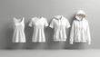 © Viktor - Variety of white blank clothes on grey background. Tank top tee shirt hoodie and sweatshirt presented for design mockups. Female apparel mockup for brand promotion. Wear textile clothing.
