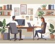 © Preeyanuch - Modern office scene featuring two people working collaboratively at a desk surrounded by plants and shelves.