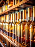 Rich aromas waft from a cluster of blurred, abstract wine bottles stacked on a liquor shelf, evoking a sense of sophistication and indulgence
