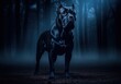 © Meow Creations - Imposing black cane corso dog standing guard in a dark, atmospheric forest at night.