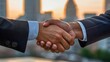 © Ali - Closeup of a business handshake with skyscrapers in the background at sunset