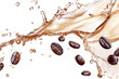 © kageyama - A dynamic splash of coffee with floating coffee beans. captured in a high-speed moment. the rich colors and textures. ideal for beverage advertising or culinary use