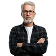 © Creative Design - Mature bearded man with glasses and crossed arms in plaid shirt studio portrait isolated on transparent background