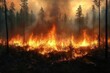 © oppo - raging forest fire devouring underbrush with tall pine silhouettes, roaring flames and thick smoke filling an orange sky, intense heat and devastation