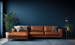 © lucky - Cozy modern living room with brown leather sectional chaise, deep blue wall, blue rug, potted plants, gold floor lamp, side table and gray throw pillows, calm inviting atmosphere