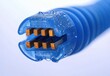© Hal - Macro close-up of a wet blue coiled cable connector with gold rectangular contacts and water droplets, evoking a cool crisp clinical and precise mood
