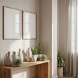 © Hala - Frame mockup in bright minimalist living room with wooden table and indoor plants
