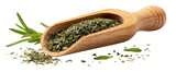 Dried herbs in wooden scoop with fresh sprigs