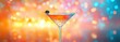 © zhuan - elegant martini glass with orange cocktail, olive on a toothpick and sparkling bubbles against vibrant colorful bokeh lights, festive glamorous mood