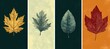 © zong - Four vertical panels with detailed stylized leaves on textured cream, teal and orange backgrounds in gold, green and red tones, evoking a calm nostalgic autumnal mood