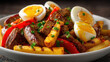 © Gun - Hearty Bolivian Pique Macho Dish Featuring Tender Beef Strips, Bell Peppers, Fried Potatoes, and Soft Boiled Eggs, Perfect for Food Lovers