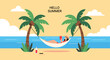© Cezary - Hello Summer banner with a woman reading a book in a hammock between two palm trees on a tropical beach relaxing by the ocean.