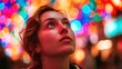 © Riley - Woman Looking Up at Colorful Bokeh Lights - Photo. High quality