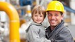 © mila103 - A construction worker is happily holding a young boy at an industrial site. Both are enjoying the moment, surrounded by machinery and bright colors in the background.