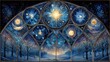 © Ameer - Celestial orbs glowing in stained glass style winter solstice night sky mystical cosmic abstract art background for spiritual holiday decor and magical seasonal illustrations