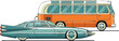 © AswarAdobeStock - Retro Vehicles Vector Art A vibrant illustration depicting a stylish teal coupe car and a charming orange passenger bus, celebrating classic transportation design