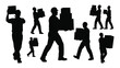 © BIPUL - Silhouettes of workers carrying boxes isolated on white background, Vector