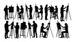 © SILHUETTECHEMBER - Artists painting at easels silhouettes isolated on white background, Vector