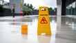 © MP-AI - Yellow caution sign on wet floor warns of slip and fall danger workplace issue amplified by labor market shortages where safety might get overlooked
