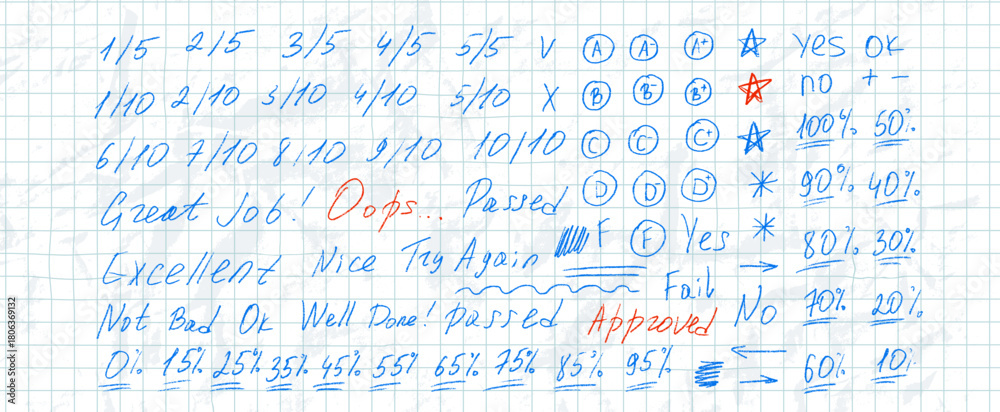 School exam marks icons on crumpled math grid paper. Teacher note hand ...