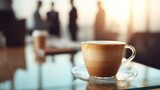 Cup of latte coffee on glass table with blurred business people in background. Corporate break time concept.
