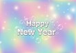 © Hridoy Ahmed - Happy new year text with bubbles and bokeh lights on a pastel rainbow background, festive celebration design