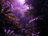 Dense tropical jungle foliage illuminated by bright mystical violet light filtering through the canopy