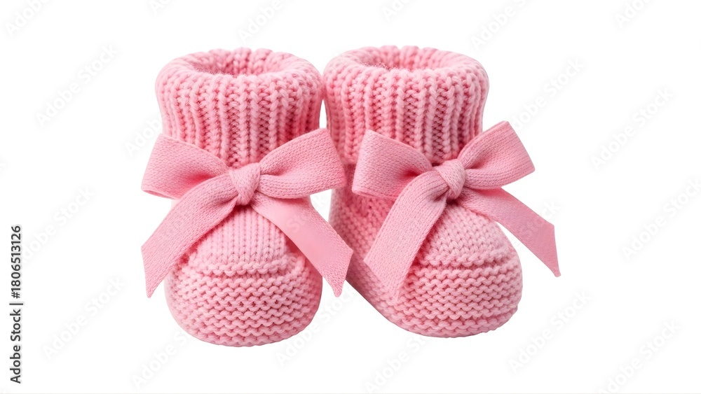 Pink baby booties knitted newborn girl shoes with bow for infant gift or baby shower present idea on transparent background