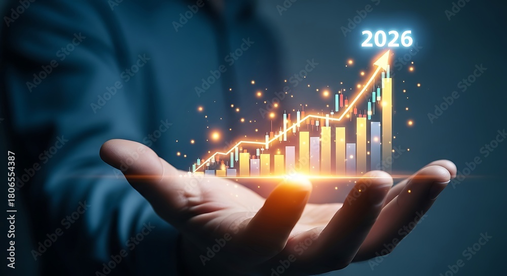 Hand holding glowing financial growth chart with year 2026 Stock Photo ...