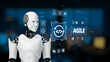 © InfiniteFlow - A futuristic robot stands before a high-tech digital interface, emphasizing the agile method in technology, highlighting the intersection of innovation and automation in programming. Synapse