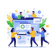 © Rizukita - Dynamic team collaborating on data analysis and project management using laptops, achieving business success, modern illustration for presentations and websites