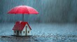 © Tatiana - Miniature house protected by red umbrella from rain, copy space