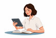 © ILIUSIA - Young Woman Engrossed in Digital Tablet Reading While Studying Printed Book, Embracing Technology and Tradition in a Modern Learning Environment