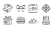 © Santiago - Hand-drawn icon set featuring gift, bow, calendar, shield, backpack, and more